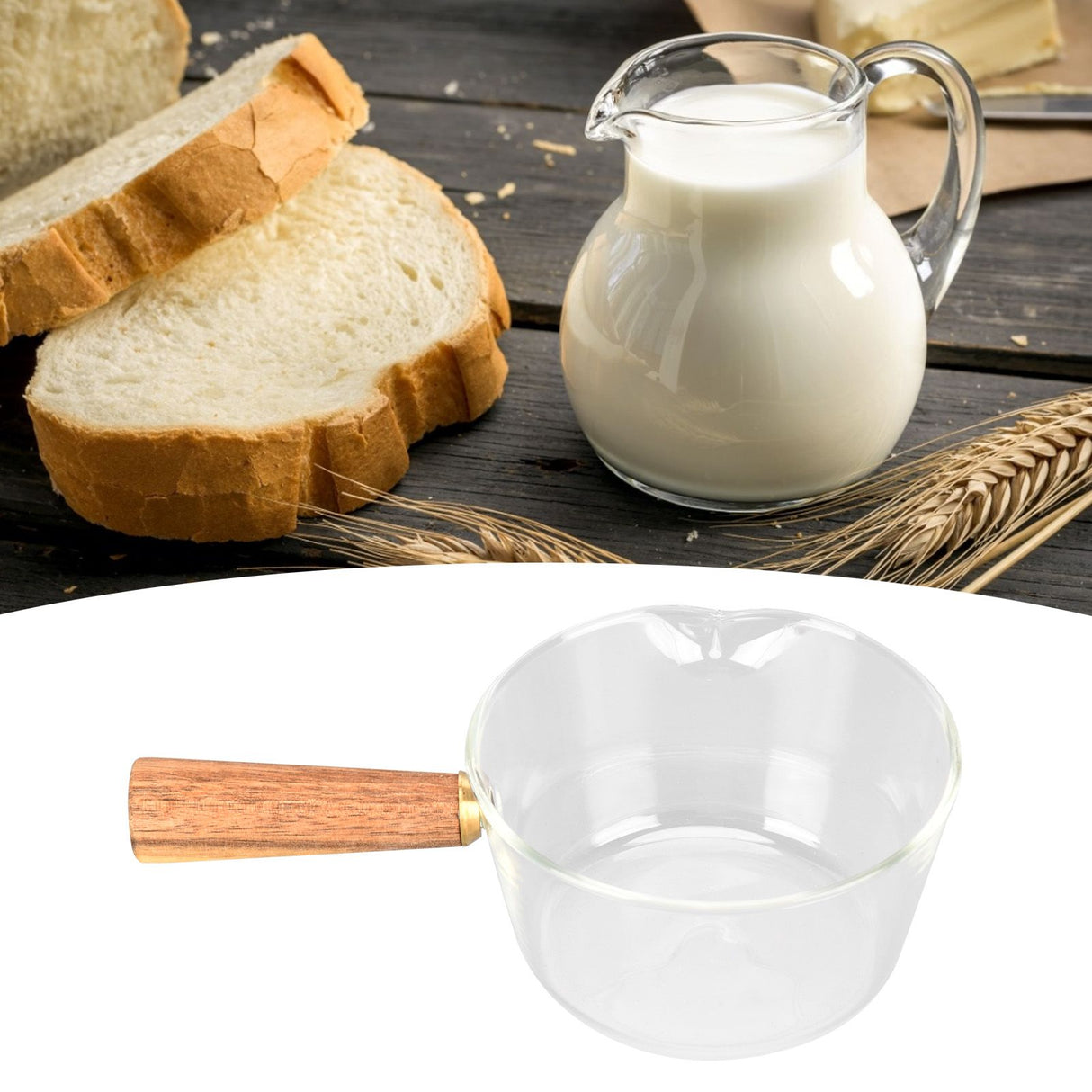 Glass Milk Pot with Wooden Handle V Shaped Spout Noodles Saucepan Home Kitchen Cookware Accessory400ml