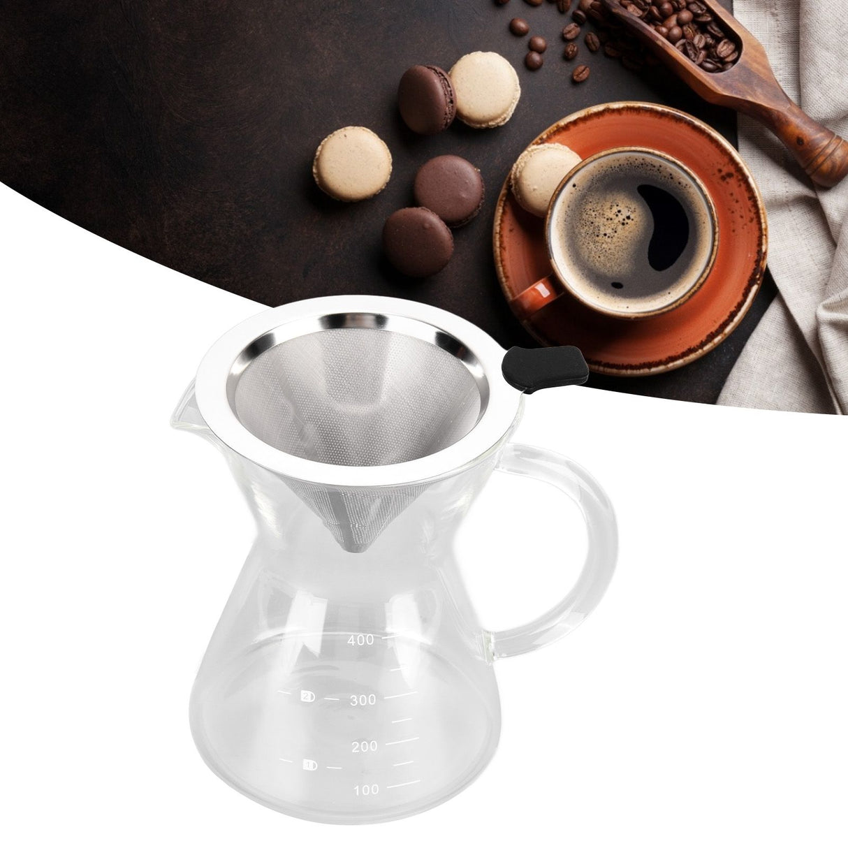 400ml Glass Coffee Pot Kettle Heat Resistant Pour Over Coffee Maker with Stainless Steel Filter for Home KitchenFlat Base