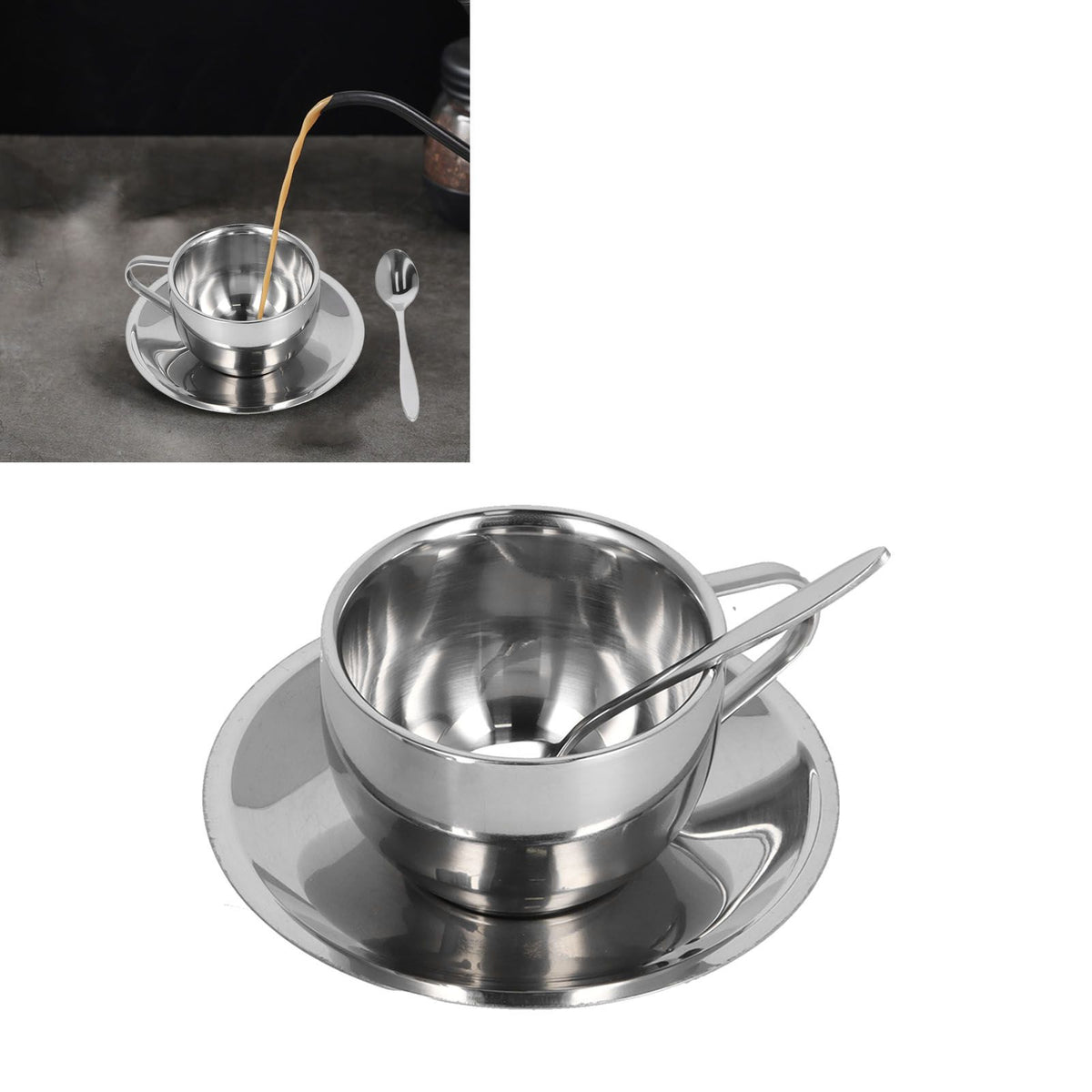 3PCS/Set Insulated Coffee Cup Set Stainless Steel Double Walled Mugs Milk Tea Cup with Saucer Spoon Set180ML