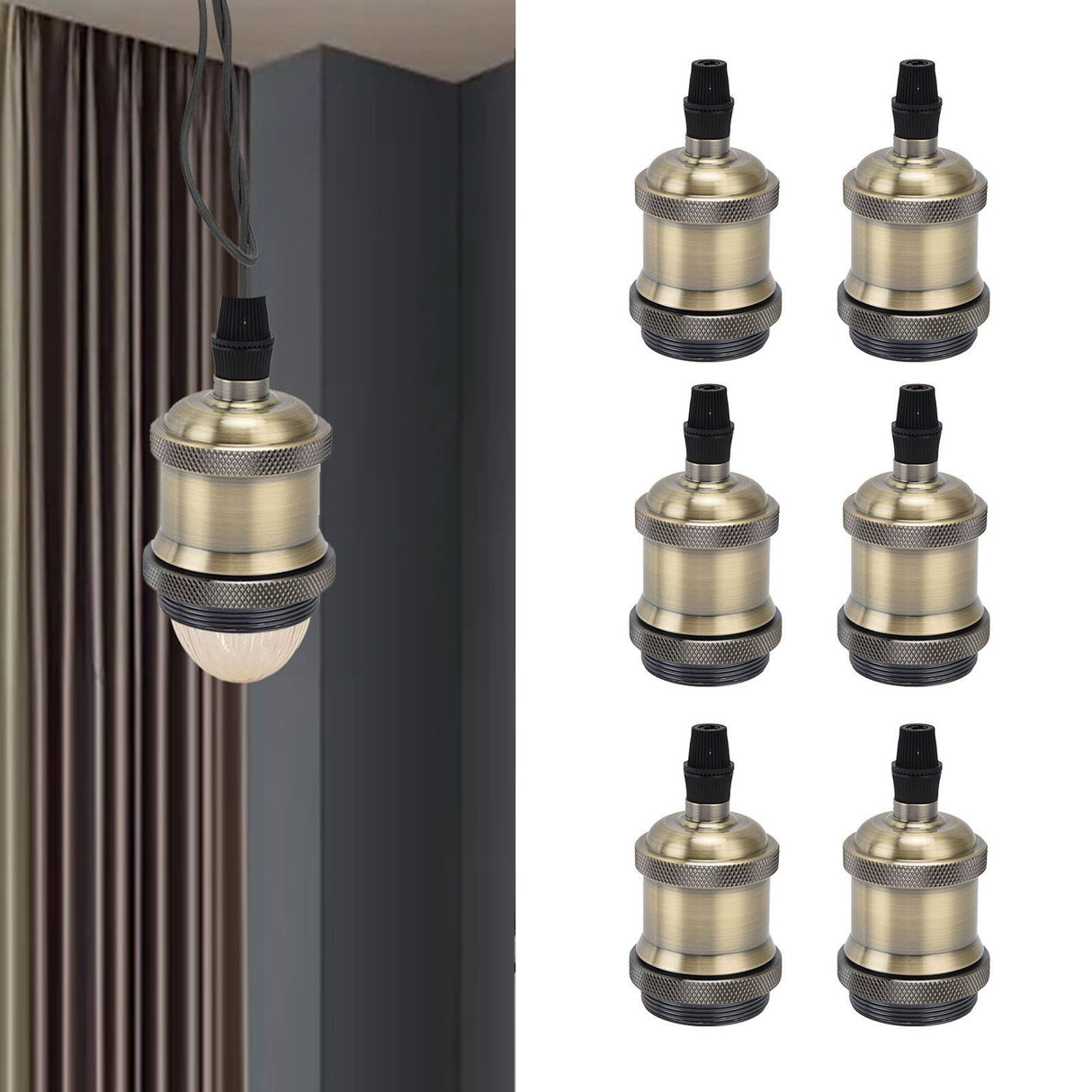 6 Pcs Lamp Holder Metal E26 E27 Screw Retro Lighting Base Accessories with Ground Aluminum ShellBlue Bronze