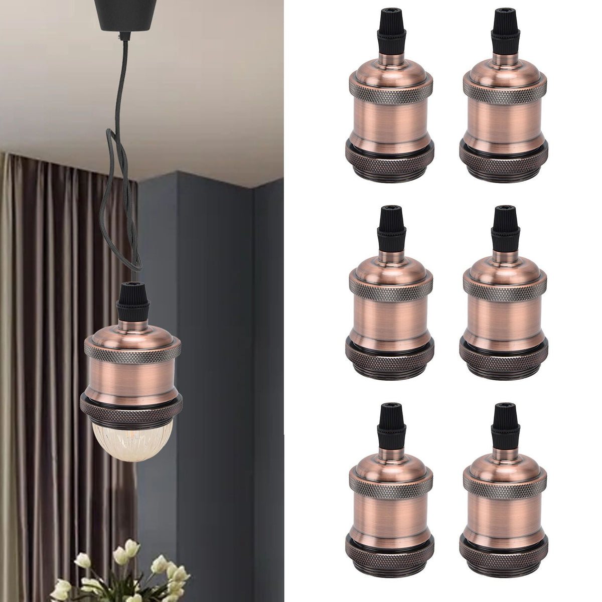 6 Pcs Lamp Holder Metal E26 E27 Screw Retro Lighting Base Accessories with Ground Aluminum ShellRed Bronze