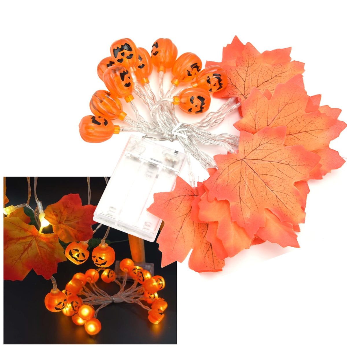 LED String Light Autumn Pumpkin Red Maple Leaves String Light with 20LEDs for Indoor Outdoor