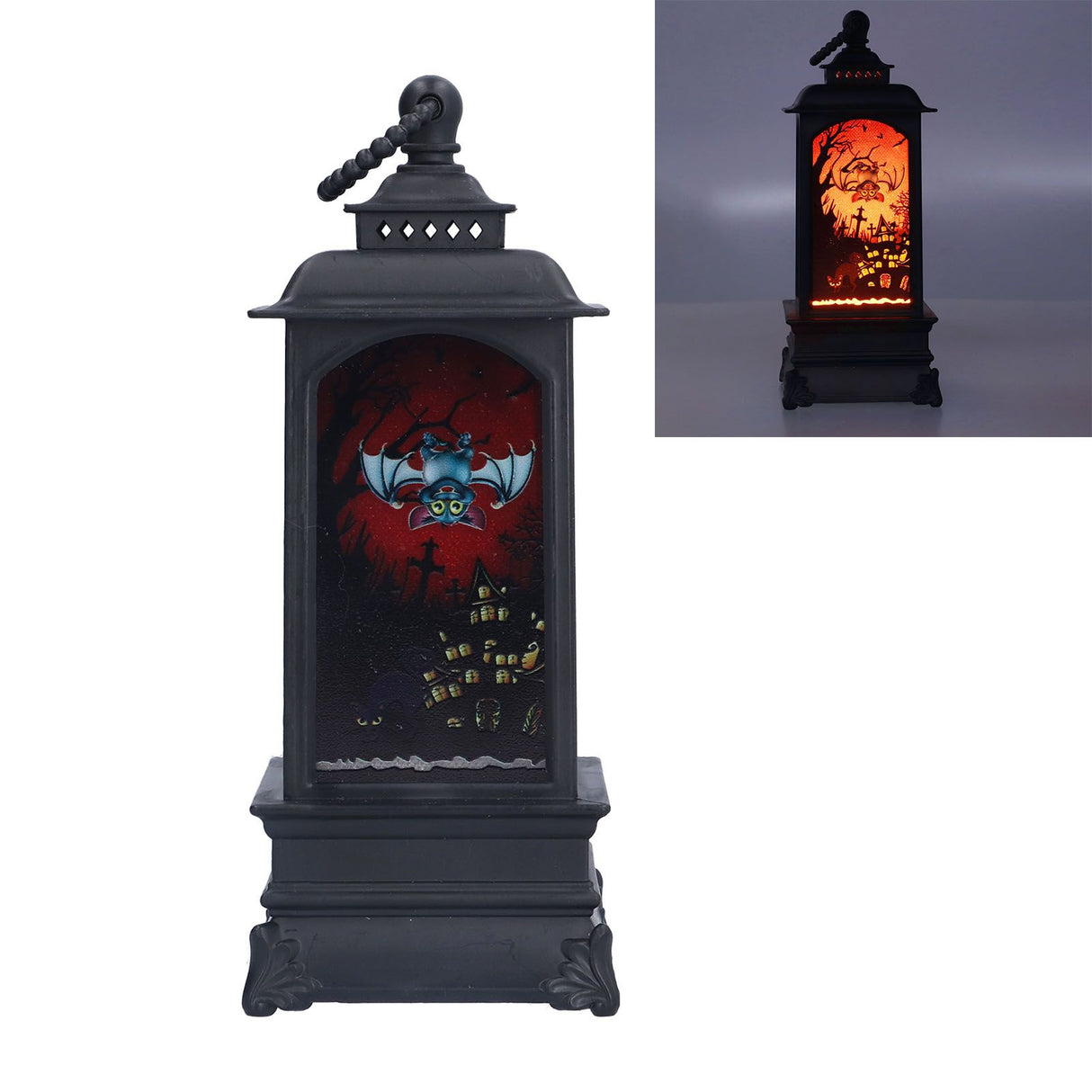 Vintage Style Halloween Lantern Handheld Simulated Candle Flicker Witch Pattern LED Lamp