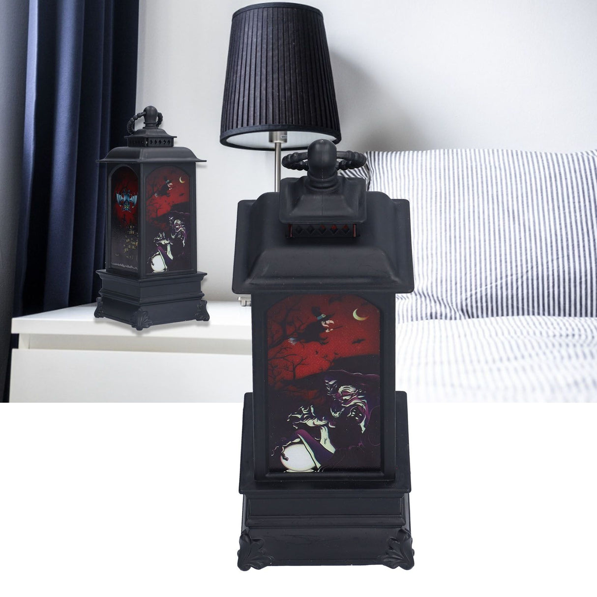 Vintage Style Halloween Lantern Handheld Simulated Candle Flicker Witch Pattern LED Lamp