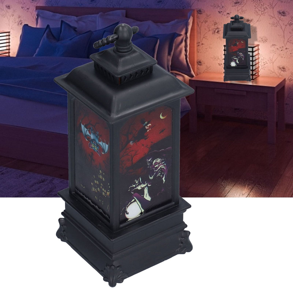 Vintage Style Halloween Lantern Handheld Simulated Candle Flicker Witch Pattern LED Lamp