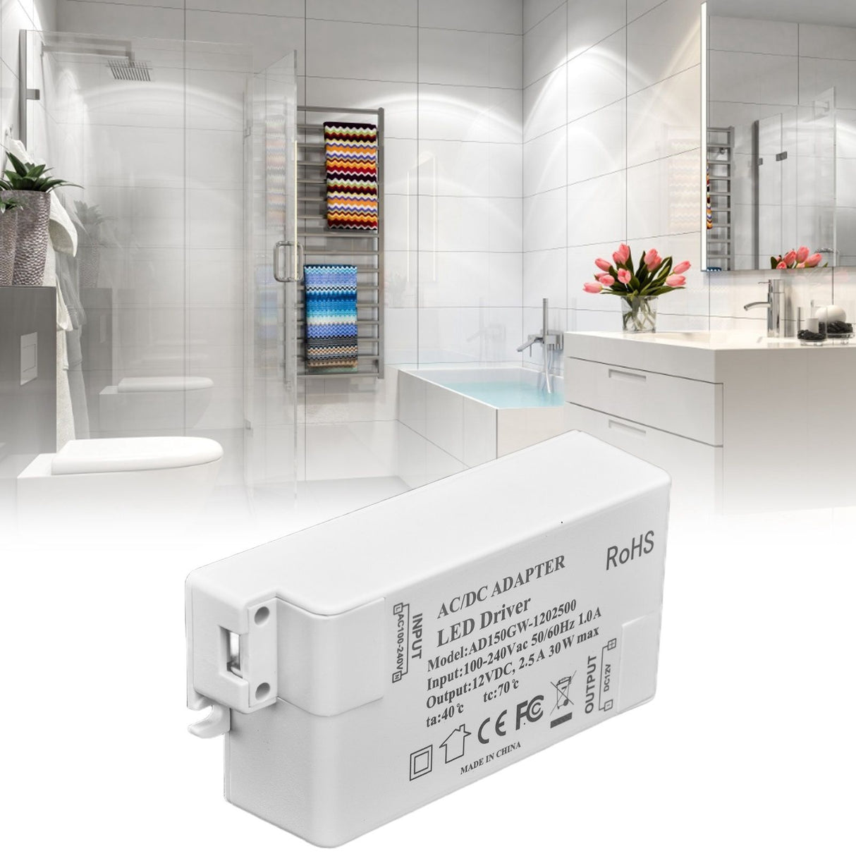30W DC 12V 2.5A LED Driver Constant Voltage No Flicker LED Light Transformer for Bathroom Restroom AC 100‑240V