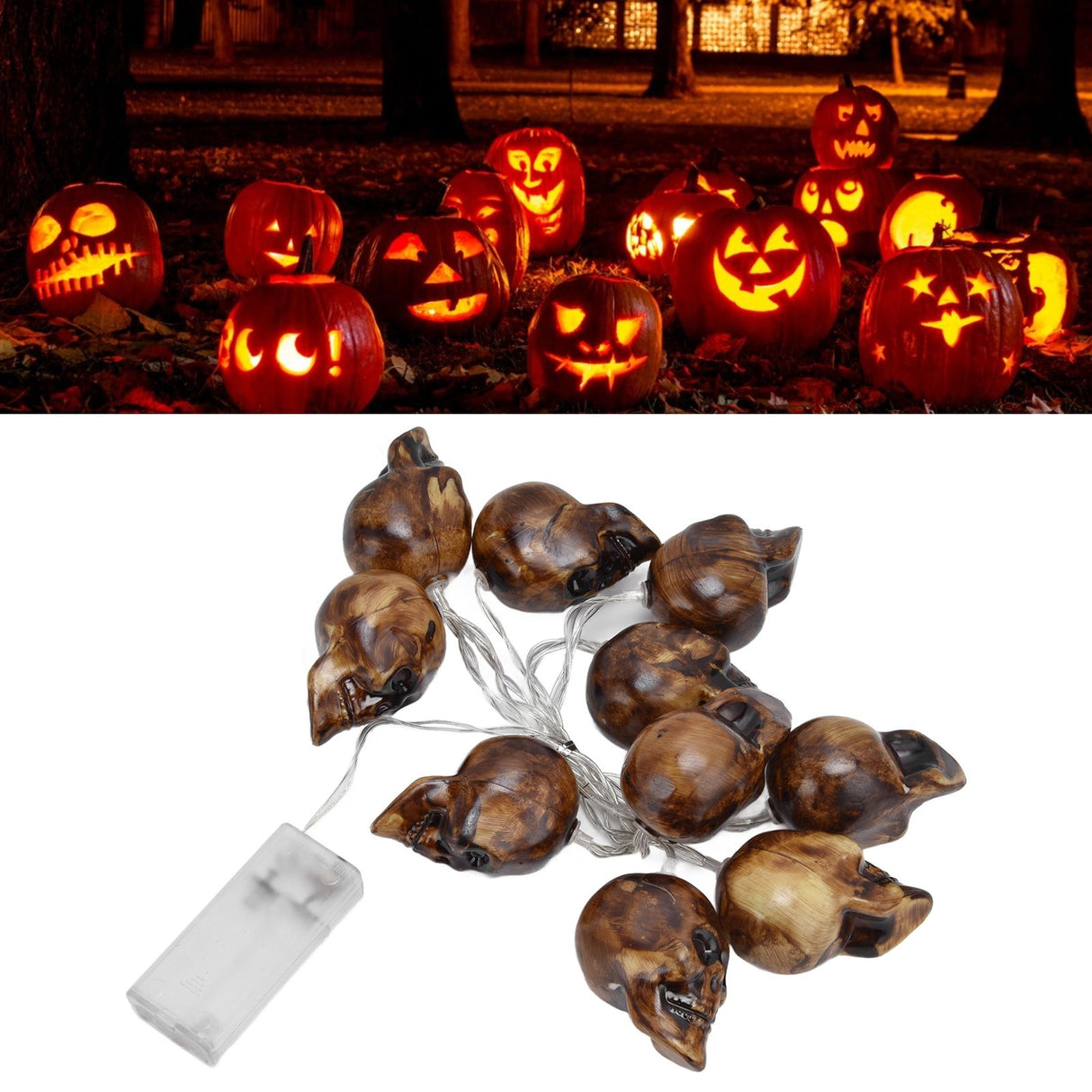 LED Skull String Light 10LEDs Horrible Lifelike Battery Powered Halloween Light for Outdoor Party Yard
