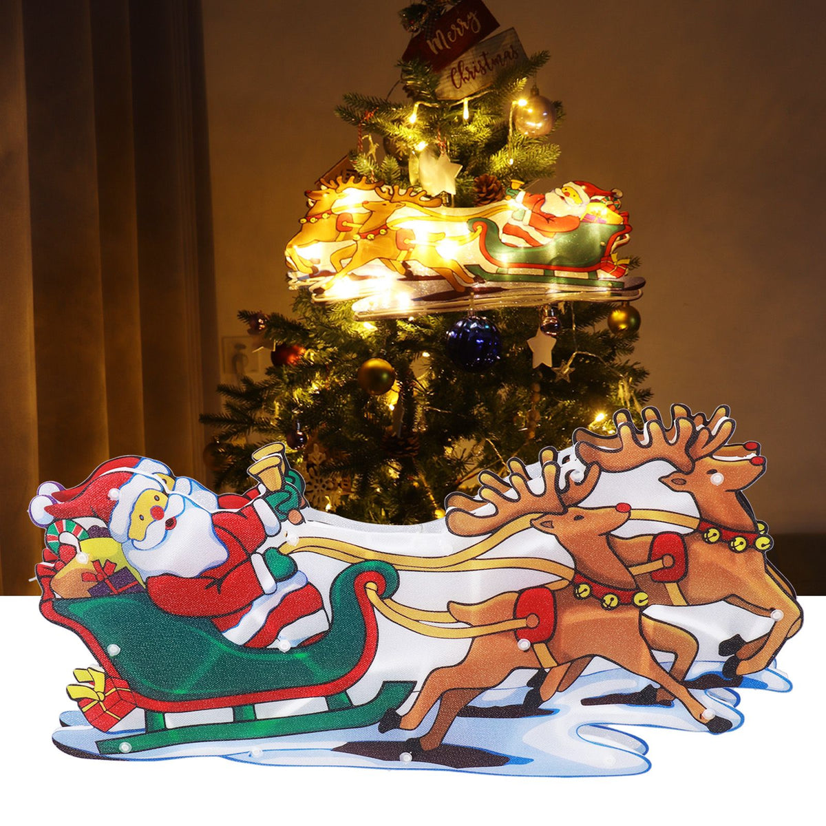 LED Christmas Light Sled Santa Claus Pattern Window Hanging Lamp Battery Powered with Suction Cup Festival Decoration