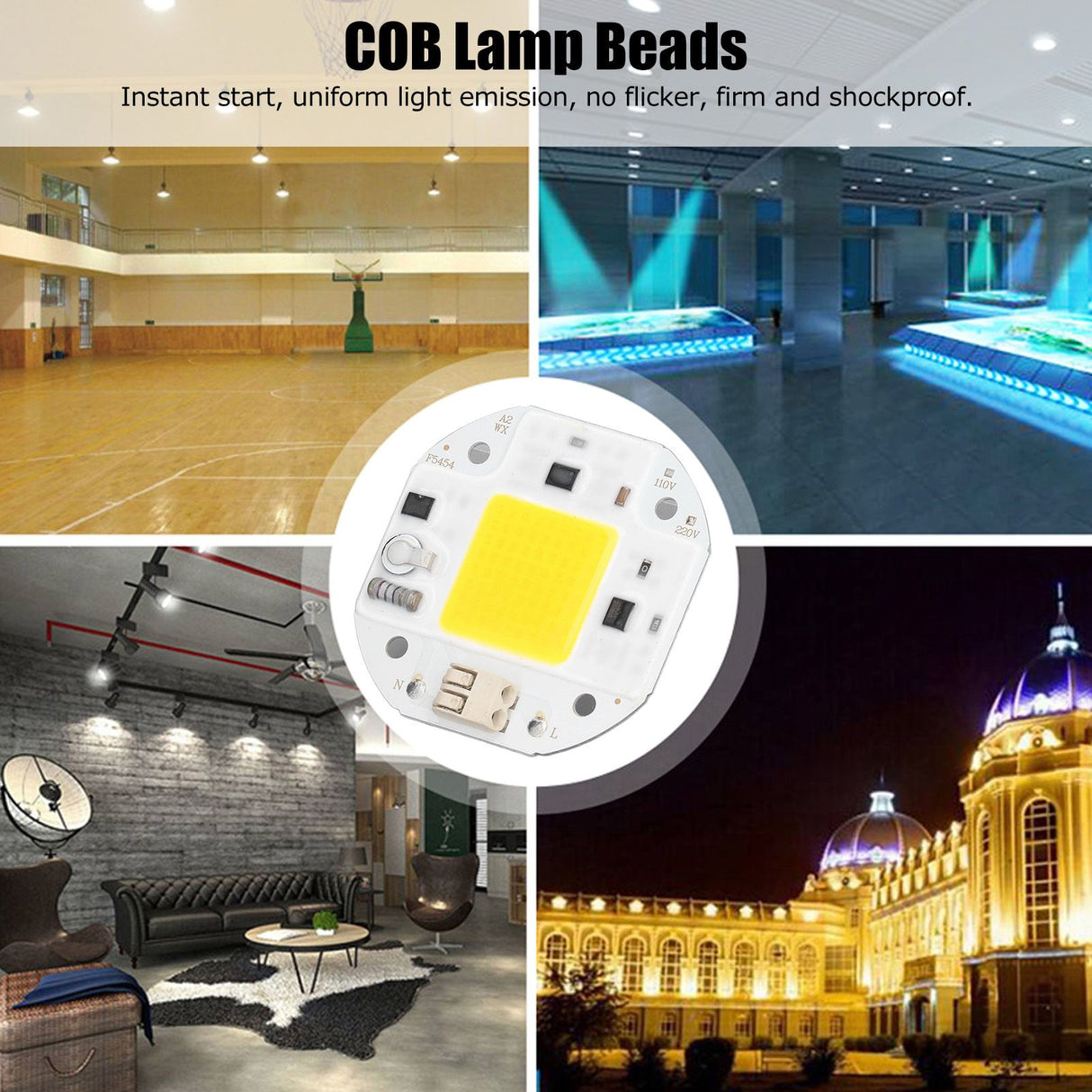 COB Lamp Bead High Power LED Chip High Brightness Drive Free for DIY Lamp Floodlight Indoor Lighting 220V50W Warm White 2800K‑3500K