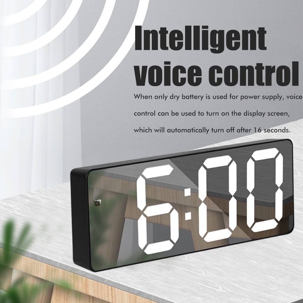LED Digital Alarm Clock with Voice Control and Temperature Display Bedside Clock Adjustable Brightness Mirror Alarm