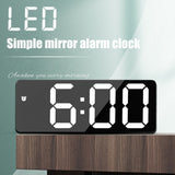 LED Digital Alarm Clock with Voice Control and Temperature Display Bedside Clock Adjustable Brightness Mirror Alarm