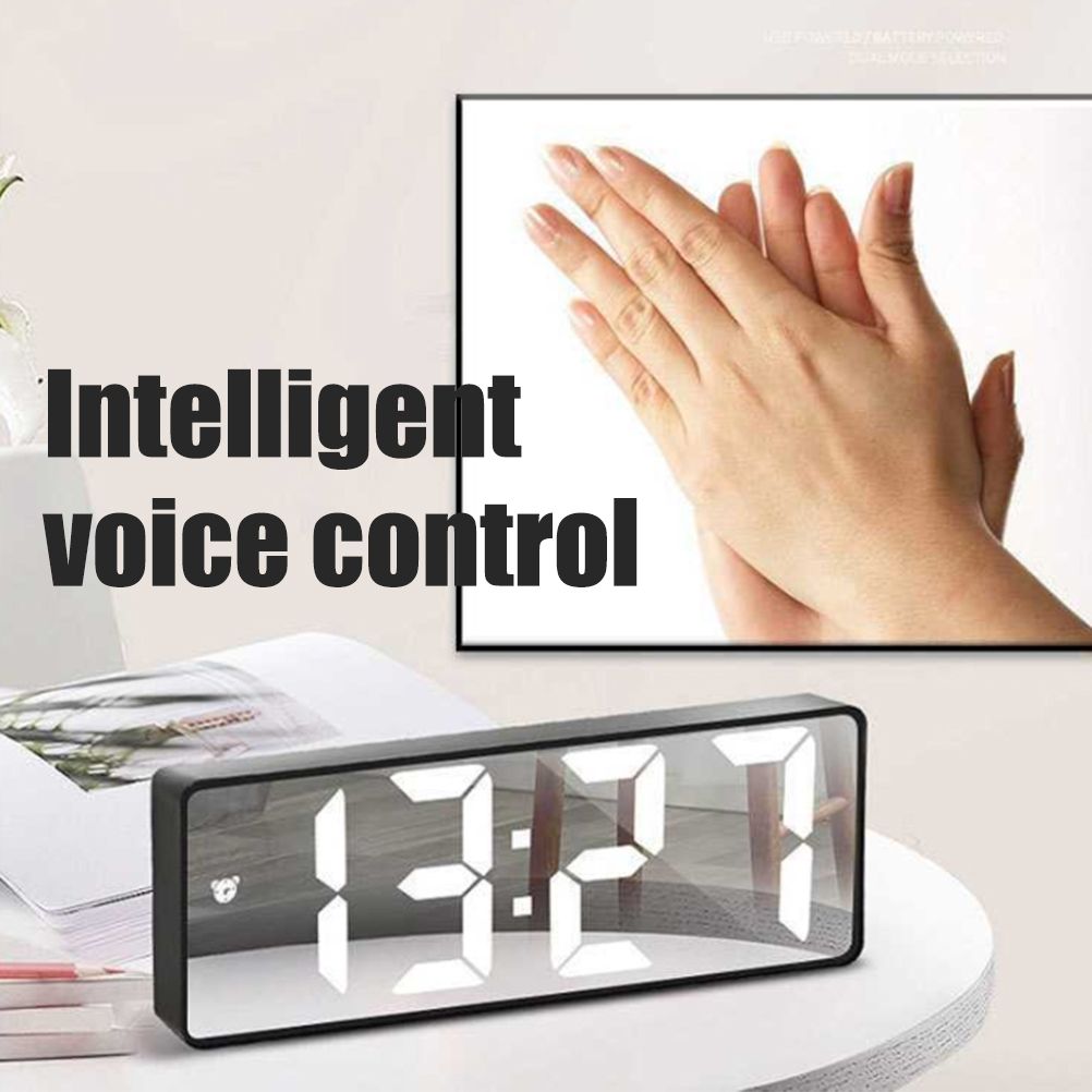 LED Digital Alarm Clock with Voice Control and Temperature Display Bedside Clock Adjustable Brightness Mirror Alarm