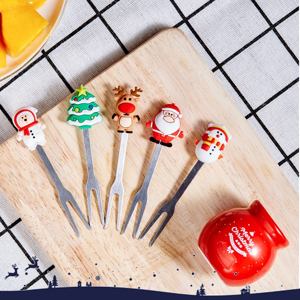 Christmas Silicone Fruit Fork Salad Fork Stainless Steel Children s Food Fork with Ceramic Cup Holder Reusable Fruit Fork Christmas Gift