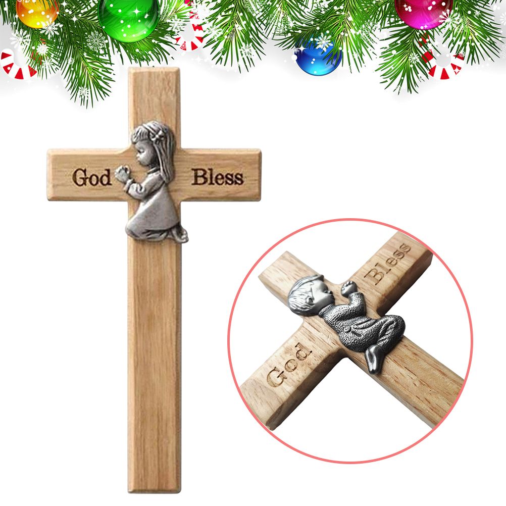 Praying Little Boy Wood Cross Wooden Blessing Cross Christmas Decoration Crafts Gifts for Newborns or Children