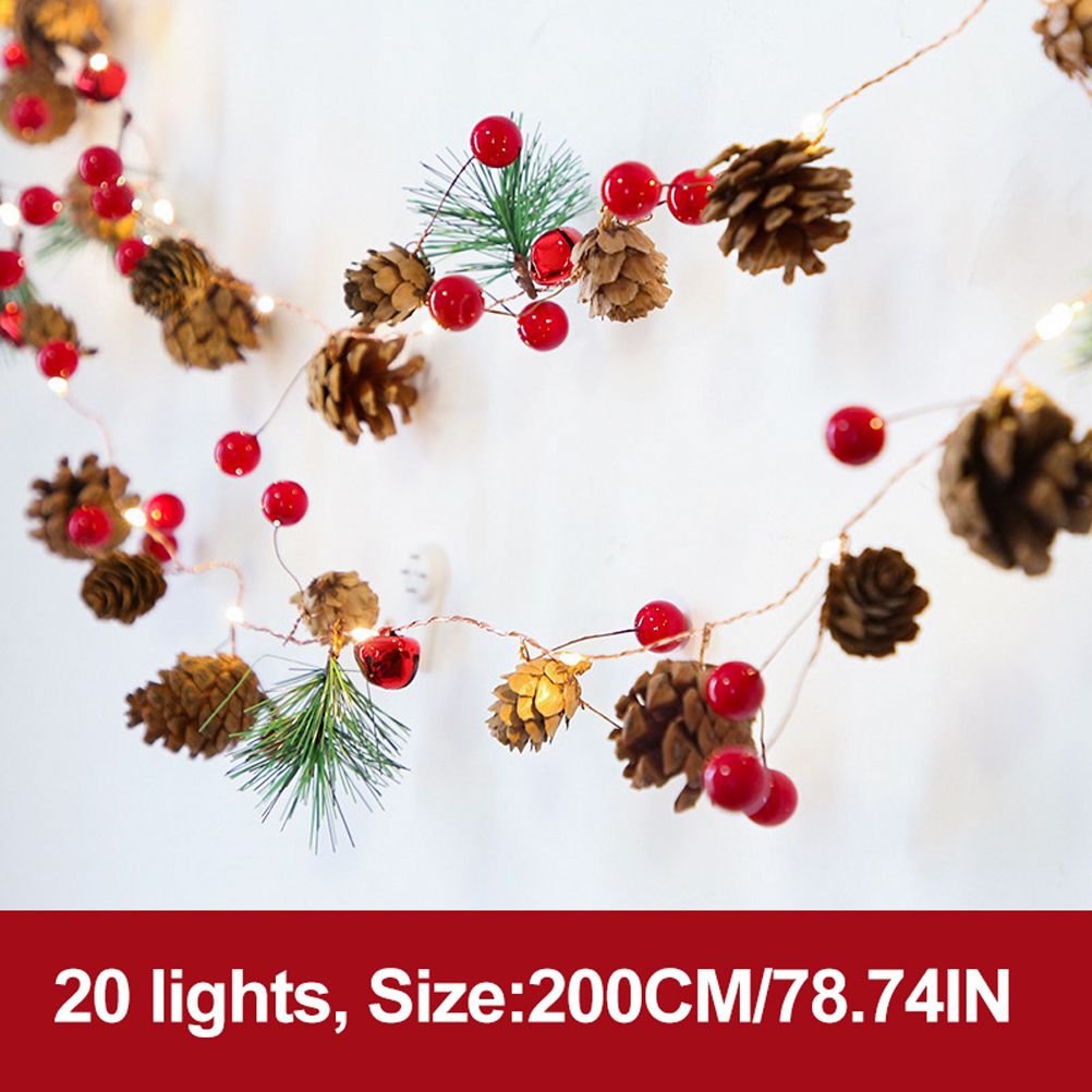 LED Christmas String Lights Decoration with Pine Cone Needles Red Berry Bell for Indoor Outdoor Christmas Party Holiday Decor