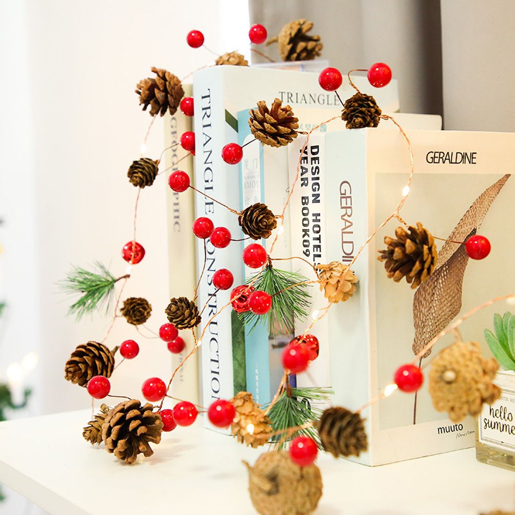 LED Christmas String Lights Decoration with Pine Cone Needles Red Berry Bell for Indoor Outdoor Christmas Party Holiday Decor
