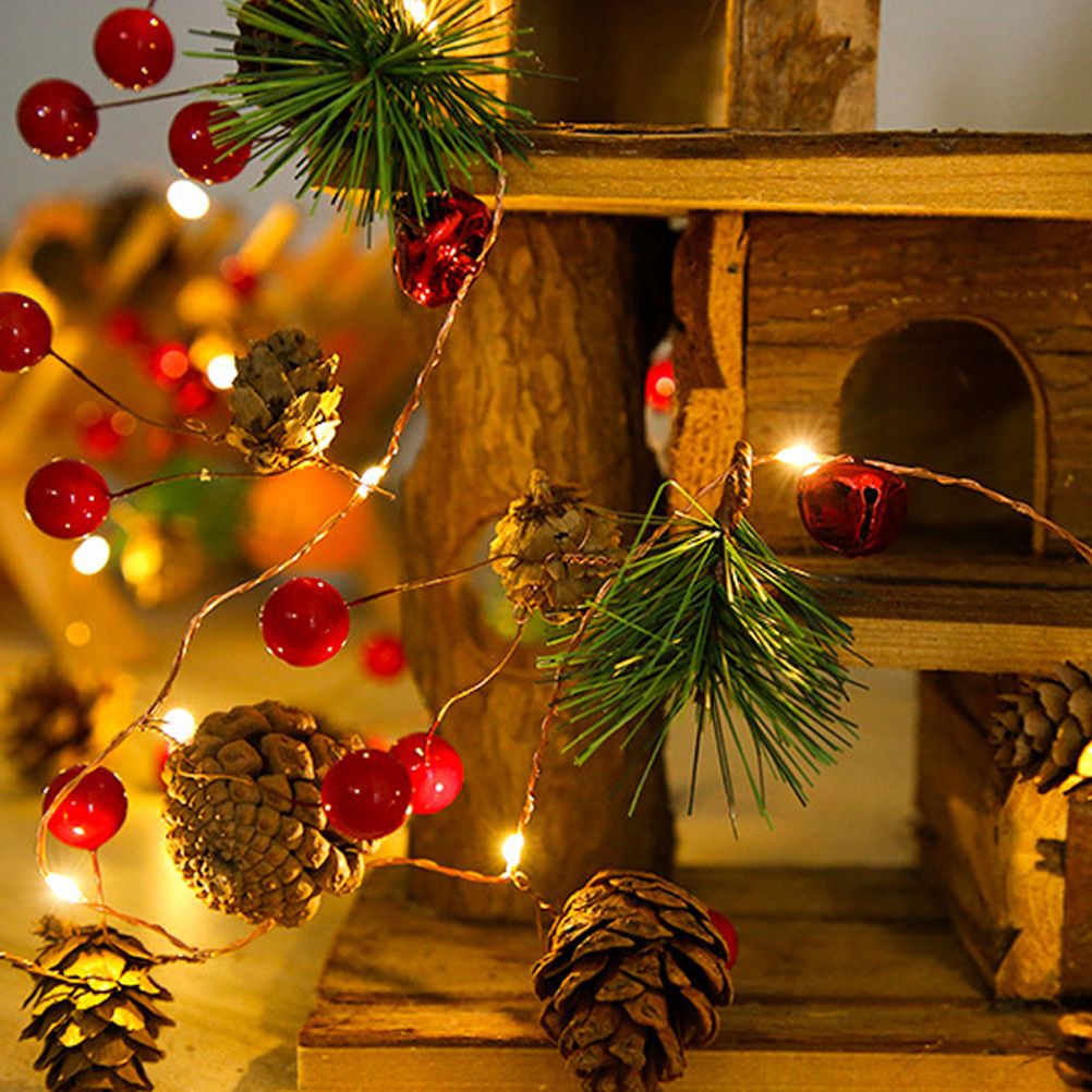 LED Christmas String Lights Decoration with Pine Cone Needles Red Berry Bell for Indoor Outdoor Christmas Party Holiday Decor