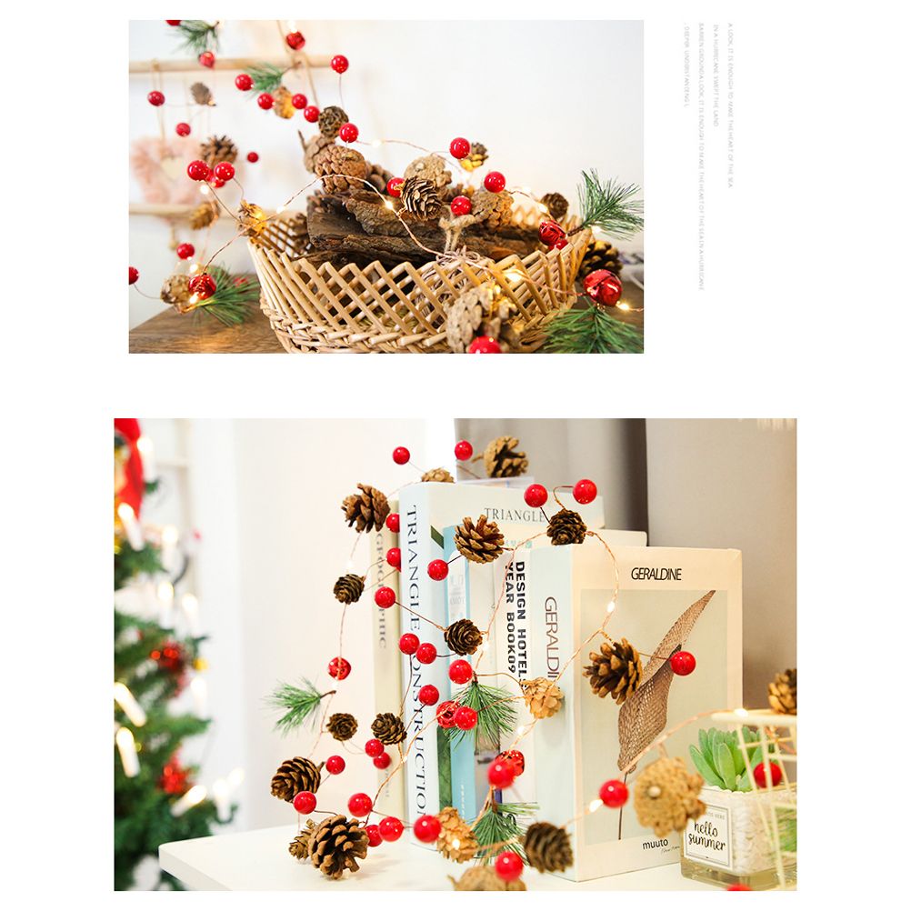 LED Christmas String Lights Decoration with Pine Cone Needles Red Berry Bell for Indoor Outdoor Christmas Party Holiday Decor