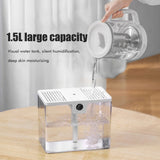 1.5L Fully Transparent Air Humidifier Large Capacity Air Purifying Mist Maker 2 Modes Adjustable Essential Oil Diffuser - Low Angle