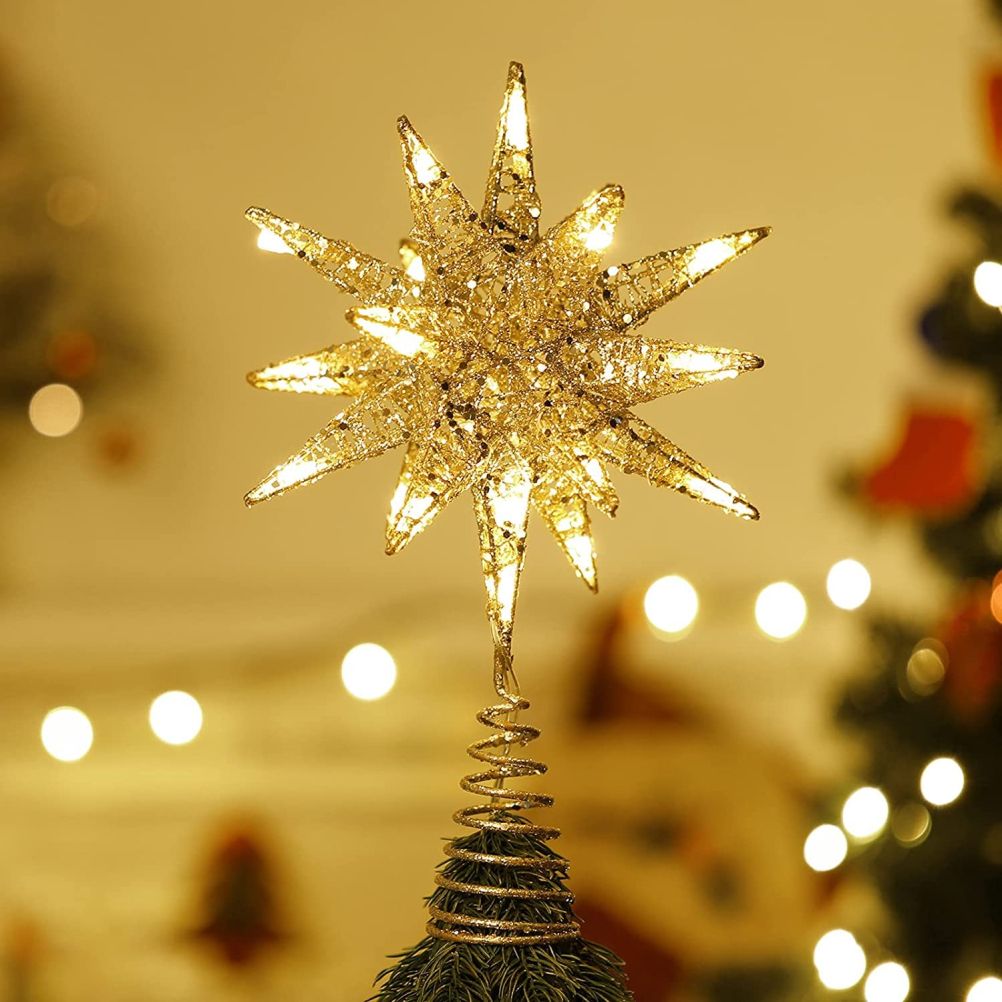 Christmas Star Tree Topper 3D Geometric Star Decorative LED Lights Battery Operated Beautiful Star Lighting with Springy Base for Holiday Xmas