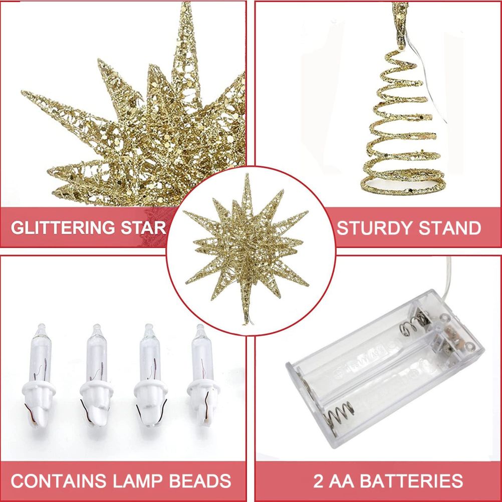 Christmas Star Tree Topper 3D Geometric Star Decorative LED Lights Battery Operated Beautiful Star Lighting with Springy Base for Holiday Xmas