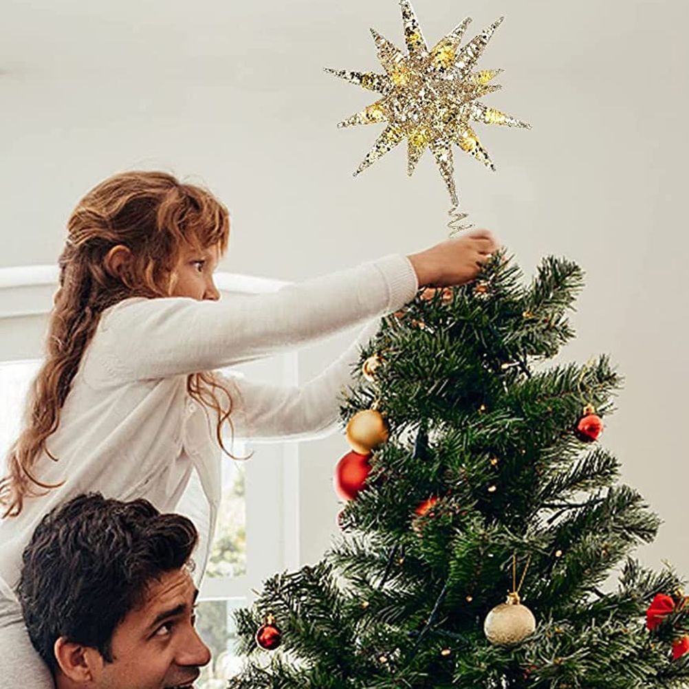 Christmas Star Tree Topper 3D Geometric Star Decorative LED Lights Battery Operated Beautiful Star Lighting with Springy Base for Holiday Xmas