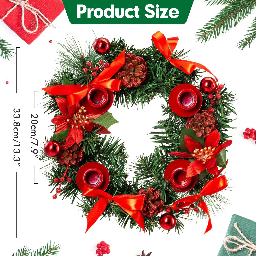 Christmas Advent Wreath Fir Wreath Christmas Arrangement Decorative Wreath with Candle Holder & Ribbon