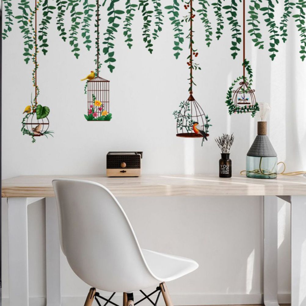 Bird Vine Tree Branch Birdcage Wall Decal Stickers Removable Plants Wall Art Jungle Wallpaper for Home Bedroom Living Room Decoration