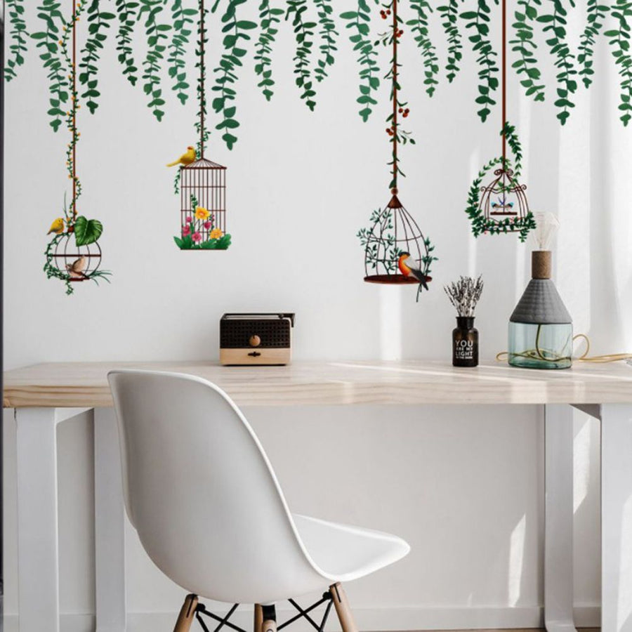 Bird Vine Tree Branch Birdcage Wall Decal Stickers Removable Plants Wall Art Jungle Wallpaper for Home Bedroom Living Room Decoration