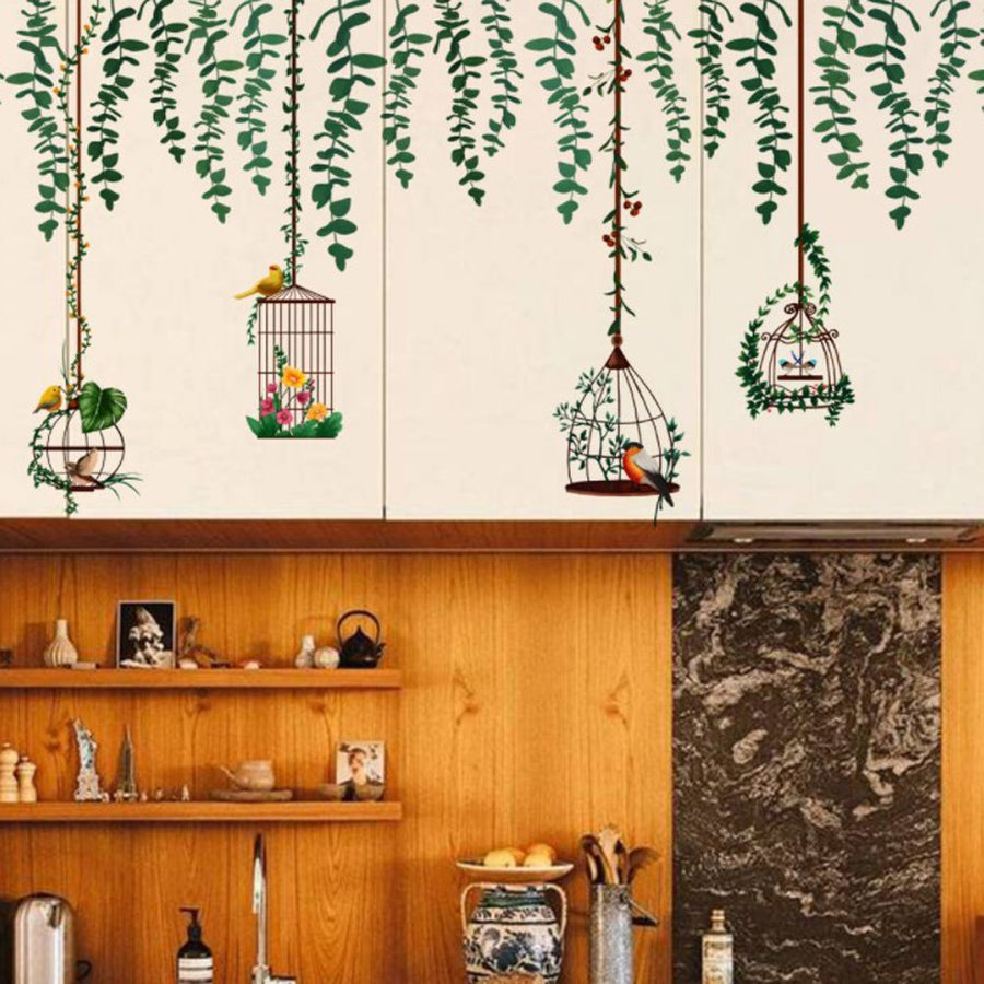 Bird Vine Tree Branch Birdcage Wall Decal Stickers Removable Plants Wall Art Jungle Wallpaper for Home Bedroom Living Room Decoration