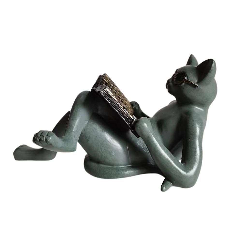 Literary Cat Resin Ornaments Garden Statue Decoration Reading Glasses Cat Crafts for Study and Office