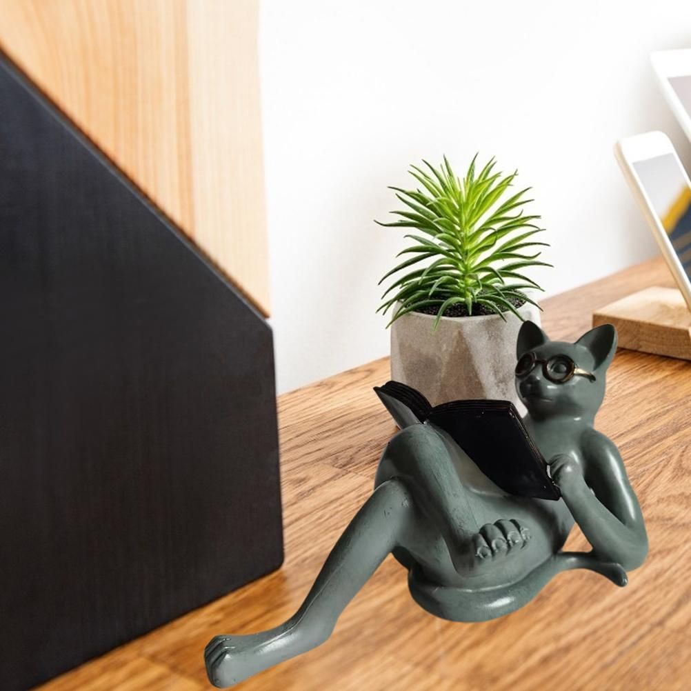 Literary Cat Resin Ornaments Garden Statue Decoration Reading Glasses Cat Crafts for Study and Office