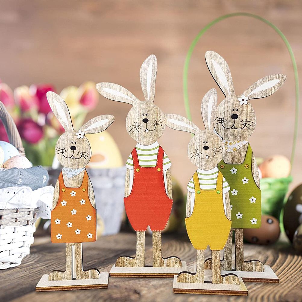 Easter Bunny Tabletop Decoration Cute Wooden Rabbit Figurines Ornament for Home Garden
