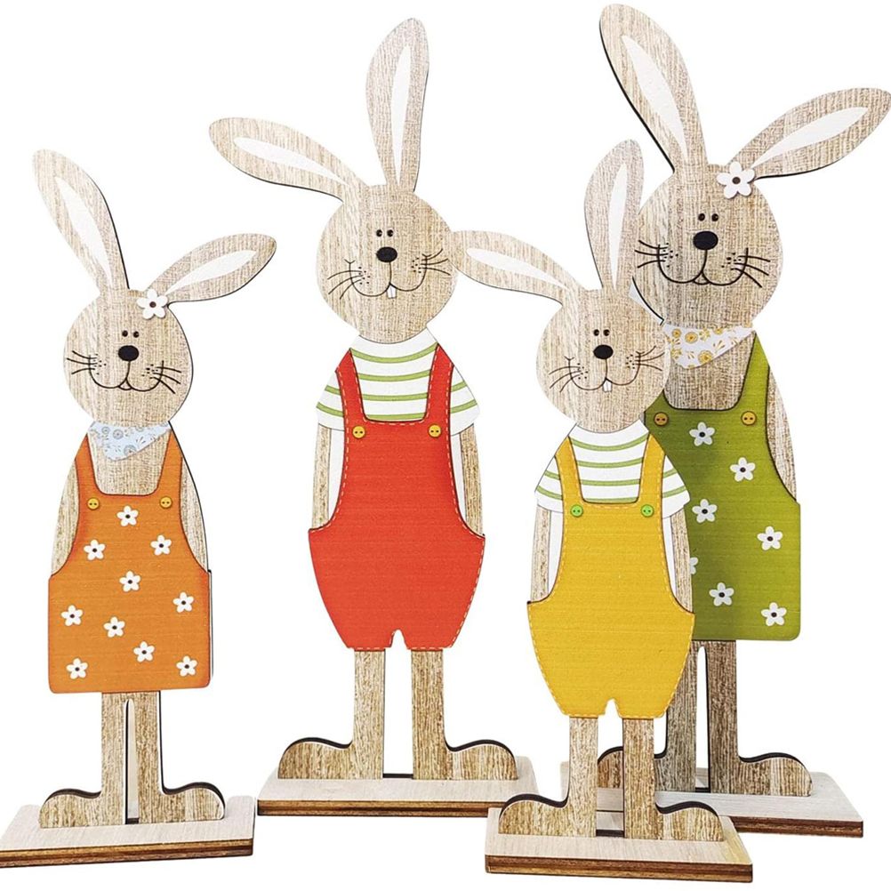 Easter Bunny Tabletop Decoration Cute Wooden Rabbit Figurines Ornament for Home Garden