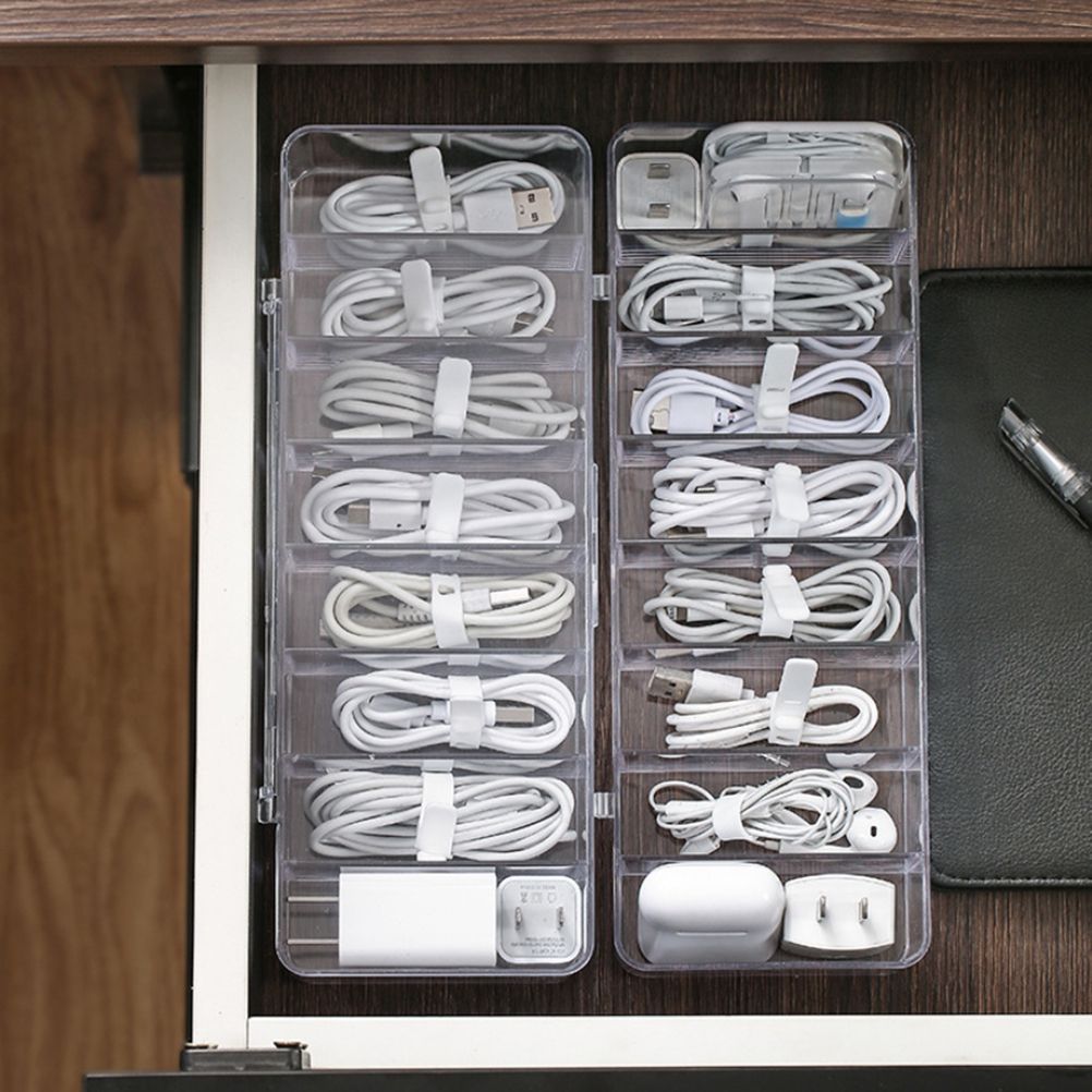 8 Grids Clear Plastic Cable Storage Box Data Cable Storage Container Save Space Cable Management Box for Storing Earrings Rings and Data Cables