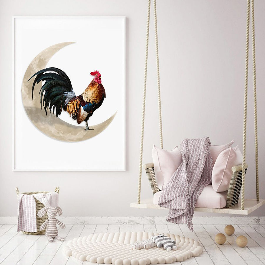 Rooster Moon Wall Decor Metal Wall Hanging Sign Wall Unique Arts Pendant for Outdoor Indoor Home Wall Decoration
