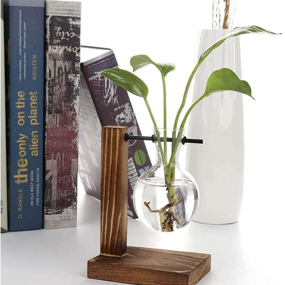 Transparent Vase Desktop Wooden Stand Glass Clear Plant Vase for Home Table Desk Interior Decoration
