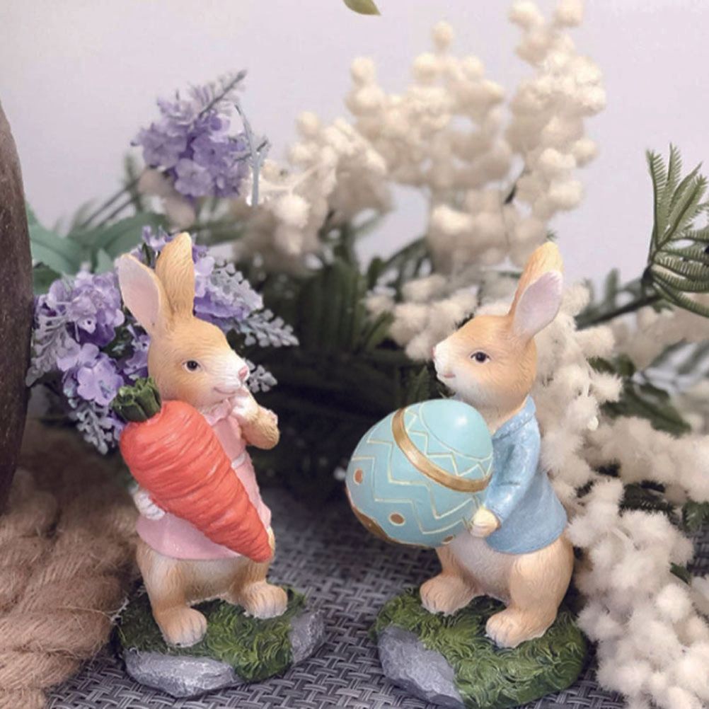Easter Bunny Figurines with Carrot Cute Resin Bunny Rabbit Statue Resin Crafts Ornaments Easter Gifts for Children