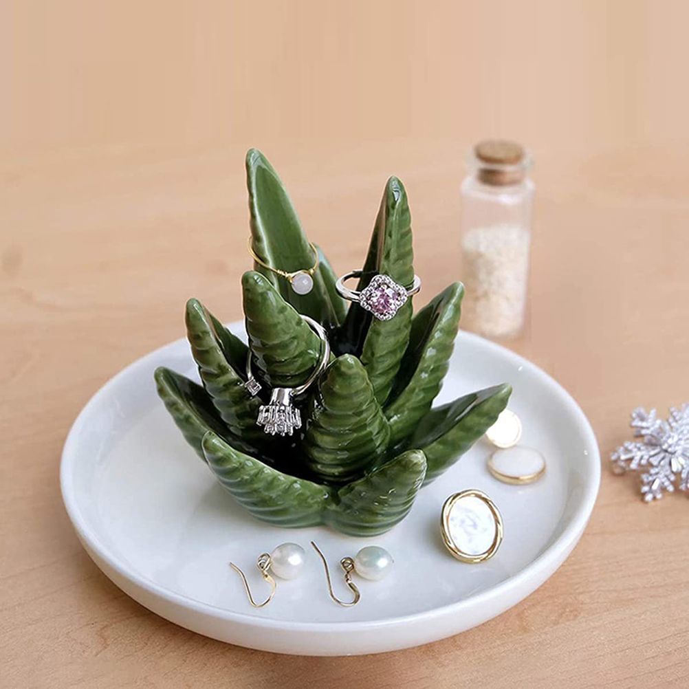 Ceramic Ring Holder Aloe Ring Dish Jewelry Holder Rings Bracelets Earrings Green Succulent Trinket Tray Gift for Women Girls