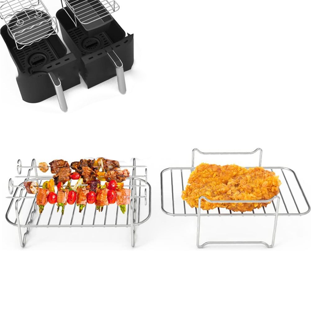 2Pcs Air Fryer Rack 304 Stainless Steel Dehydrator Rack with 4 Barbecue Sticks for 8QT Dual Basket Air Fryer