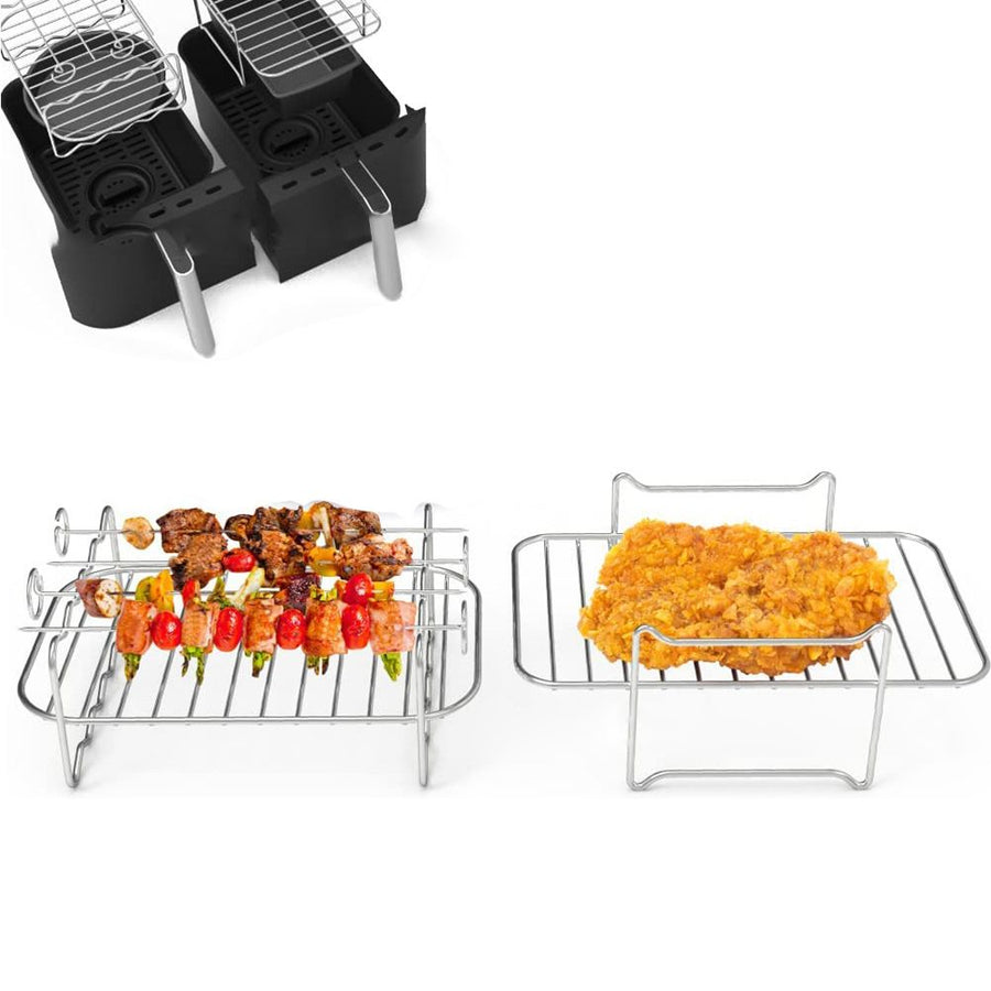 2Pcs Air Fryer Rack 304 Stainless Steel Dehydrator Rack with 4 Barbecue Sticks for 8QT Dual Basket Air Fryer