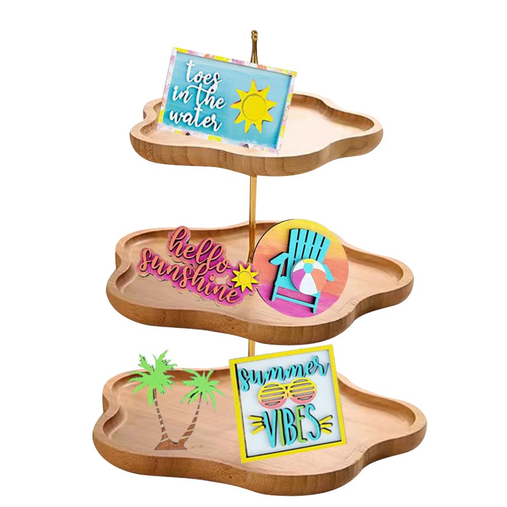 Tiered Tray Stand Wood Tiered Serving Tray Decor Holder Summer Beach Farmhouse Decorative Wooden Tiered Stand Kitchen Counter Table Decor