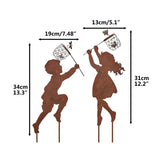 1 Pair Boy Girl Catching Butterfly Metal Decorative Garden Stakes Outdoor Garden Decor Boy Girl Silhouette Yard Stakes Spring Decor - Front View