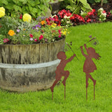 1 Pair Boy Girl Catching Butterfly Metal Decorative Garden Stakes Outdoor Garden Decor Boy Girl Silhouette Yard Stakes Spring Decor - Close-Up Angle