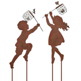1 Pair Boy Girl Catching Butterfly Metal Decorative Garden Stakes Outdoor Garden Decor Boy Girl Silhouette Yard Stakes Spring Decor - Extra Image