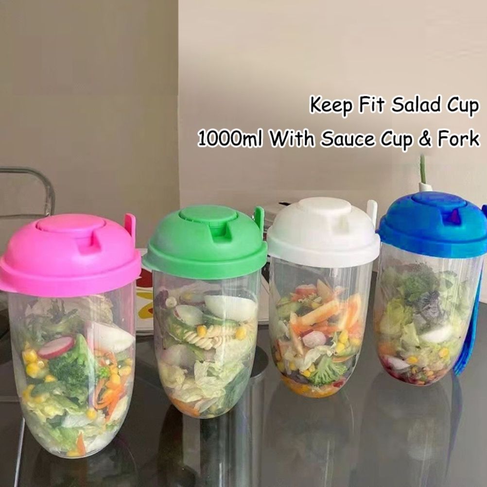 Fresh Salad Container Serving Cup with Dressing Container Fork Portable Plastic Food Storage Bottle for Picnic Lunch