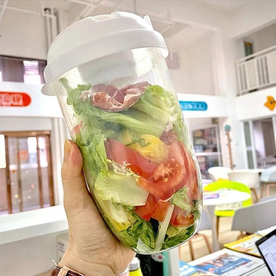 Fresh Salad Container Serving Cup with Dressing Container Fork Portable Plastic Food Storage Bottle for Picnic Lunch