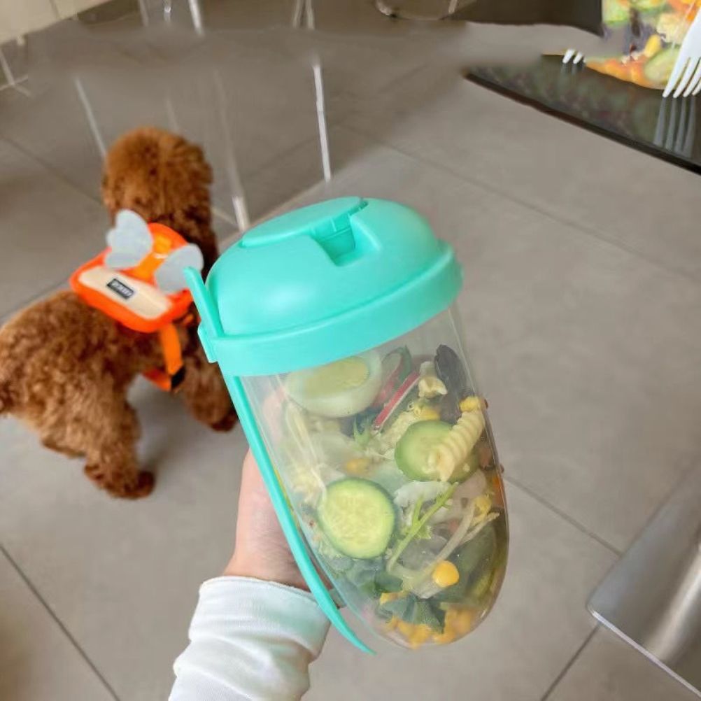Fresh Salad Container Serving Cup with Dressing Container Fork Portable Plastic Food Storage Bottle for Picnic Lunch