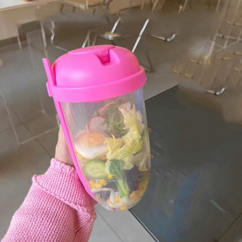 Fresh Salad Container Serving Cup with Dressing Container Fork Portable Plastic Food Storage Bottle for Picnic Lunch