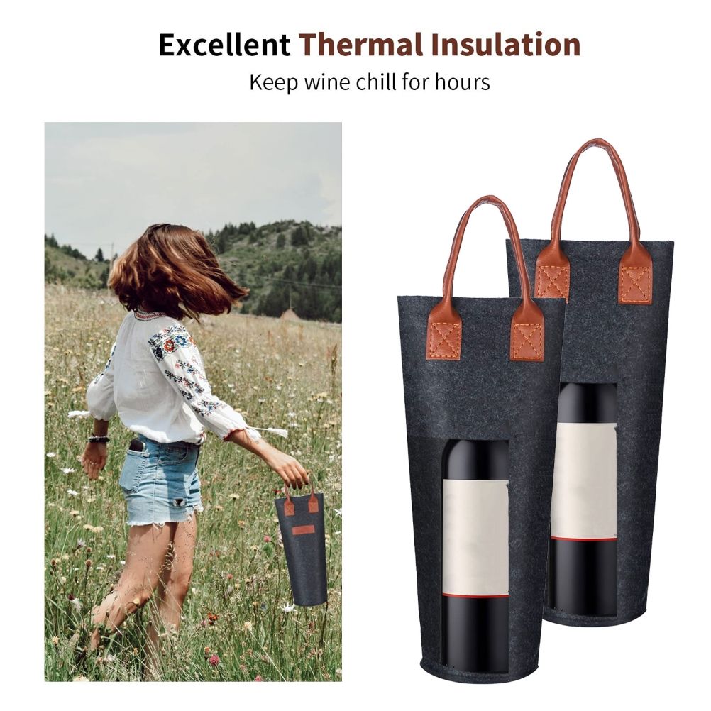 Single Bottle Wine Tote Bag Portable Felt Insulated Padded Thermal Wine Carrier Bag Wine Cooler for Travel Picnic Beach Wine Gifts
